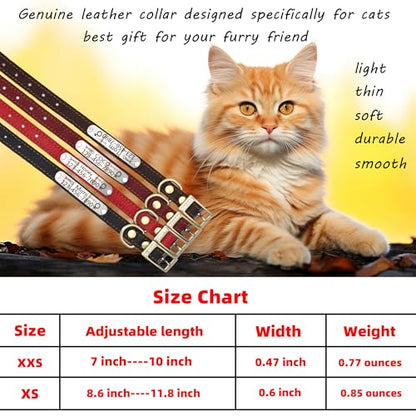 Personalized Leather Cat Collar,Custom with Name Plate and Bell for Boy and Girl Kitten/Cat(XXS,Red) - color: Red, size: XXS