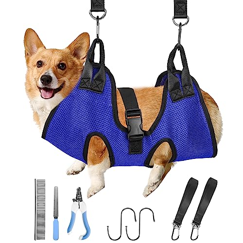 PatiencET Dog Grooming Hammock, Pet Grooming Hammock for Cats & Dogs, Dog Holder for Nail Trimming, Cat Sling for Nail Trimming with Nail Clippers/Trimmer, Nail File, Pet Comb(S) - color: Blue, size: S (17 LB Max)