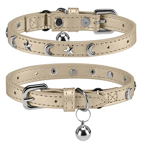 Leather Cat Collars for Boy Girl Cats with Bell and Safety Elastic Belt, Personalized Star and Moon Stud Adjustable Safe Buckle Collar for Kitty Small Big Cats Size 7-9 Inch, Gold - color: Gold_Star & Moon, size: 7"-9" For Cats(Pack of 1)