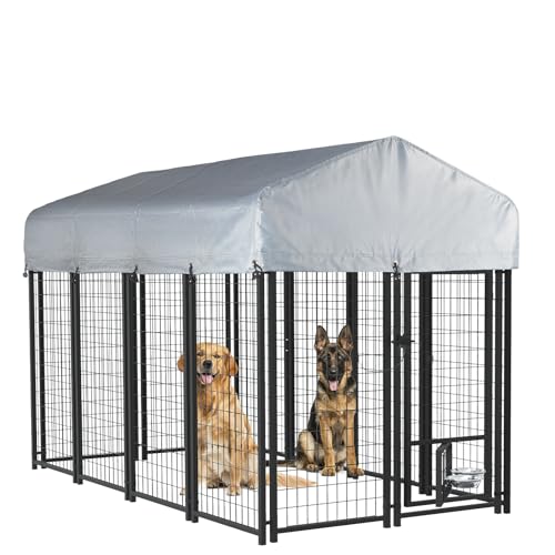 LEMBERI 8x4x4 Outside Dog Kennel with Roof for Large Dogs,Heavy Duty Welded Wire Steel Dog Playpen Fence with Secure Lock, Pet Pen with UV-Resistant Waterproof Cover (93.1''L x 50.4''W x 56.6''H) - size: 93.0"L x 50.4"W x 56.6"H
