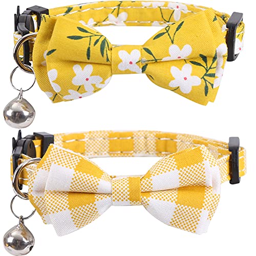 2 Pack/Set Cat Collar Breakaway with Cute Bow Tie and Bell Plaid Flower for Kitty Adjustable Safety - color: Yellow