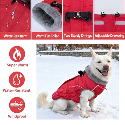 Dog Coat, Reflective Dog Jacket Waterproof Windproof Puppy Cold Weather Coats with Harness Built in, Winter Extra Warm Pet Coat Fleece Vest for Small Large Pets and Puppy (Red, XX-Large) - color: Red, size: XX-Large