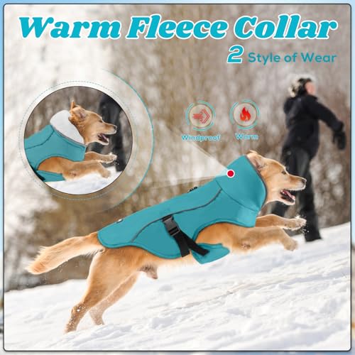 EMUST Dog Coat Winter, Waterproof Pet Snow Jacket for Winter, Adjustable Small/Medium/Large Dog Coat, Turquoise, L - color: Turquoise, size: Large