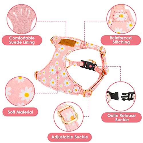 Lukovee Puppy Harness and Leash Set, No Pull Lightweight Soft Suede Adjustable Pet Harness Vest with Snap Buckle for Puppy Small and Medium Size Dog (Pink-XXS) - color: Pink Daisy, size: XX-Small ( 2.2-6lb )