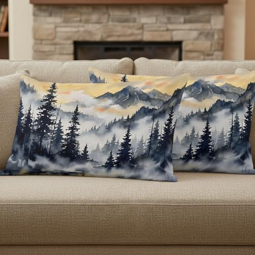 Throw Pillow Covers Set of 2 Pine Forest Decor Pillow Covers with Zipper Mist Mountains Nature Landscape Pillowcase Cushion Cover for Sofa Couch Bed Home 12x20 Inch - color: Green, Gray, Cream, size: 20" x 12" (Pack of 2)