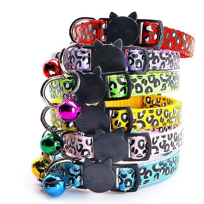 Reflective 2 Pack Breakaway Cat Collars with Bell Leopard Pattern Cute Kitty Adjustable 7.5-12.5 Inch Safe Kitten Collars Charms (Red)