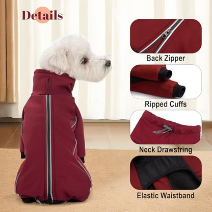 Four Leged Dog Winter Coat, Fullbody Warm Fleece Dog Jacket, Reflective Puppy Cold Weather Coats with Leash Hole & Drawstring, Back Zipper Water-Resistant Doggie Winter Clothes - color: Dark Red, size: X-Large