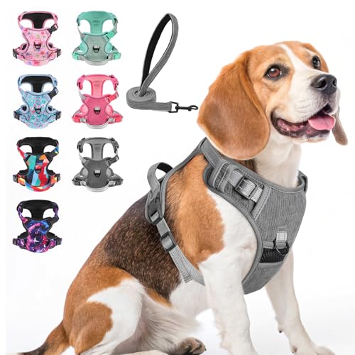 BEAUTYZOO No Pull Dog Harness Large, Adjustable Dog Harness and Leash Set -Easy Wearing with 3 Buckles/Control Handle,No Choke Soft Padded Reflective Pet Vest for Training Walking Hiking,Grey M - color: Solid Grey, size: M: chest 16"-28"