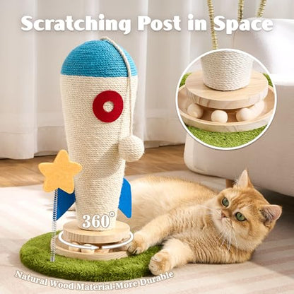 Cat Scratching Post, Rocket Cute Sisal Cat Scratcher with Durable Solid Wood Turntable Toy, Cat Scratch Post Red Cat Scratcher with Spinning Star Toy for Indoor Adult Cats - color: Blue Rocket