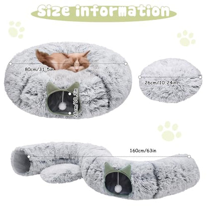 Cat Tunnel Bed for Indoor Cats, Soft Plush Donut Peekaboo Cat Cave, Multifunctional Playground Toy for Small Medium Large Cats, Kittens, Rabbits, Ferrets, with Washable Cushion(Grey) - color: Grey