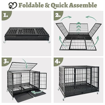 2 Pack Two Tiers 47 Inch Heavy Duty Dog Crate for Large Dogs, Stackable Chew-Proof Drop Cage for Dog with 4 Lockable Wheels, Escape Proof Auto-Lock & Buckle, Double-Access Wide Door Dog Kennel Indoor - size: 47 Inch-4 Pack