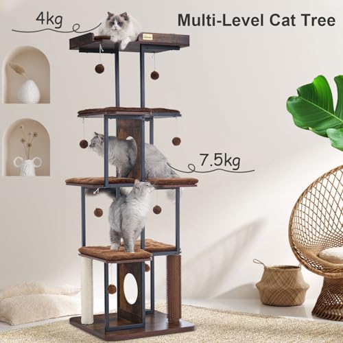 FourFurPets Extra Large Cat Tree, 66.4" XXL Cat Tower for Indoor Cats Large Adult 20lb+, Modern Cat Tree Tower with Scratching Post, Multi-Level Cat Condo, Big Perches, Rustic Brown
