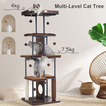 FourFurPets Extra Large Cat Tree, 66.4" XXL Cat Tower for Indoor Cats Large Adult 20lb+, Modern Cat Tree Tower with Scratching Post, Multi-Level Cat Condo, Big Perches, Rustic Brown