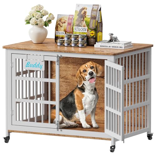 EasyCom 41"/33"/27" L Heavy Duty Dog Crate Furniture with Name Tag, Dog Kennel Indoor for Medium Dogs, Double-Doors Sturdy Metal Dog Cage for Anxiety Dog, Decorate House as TV Stand, End Table - color: White & Beech, size: 40.8"L x 29.3"W x 30.2"H