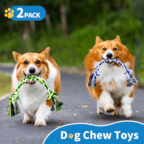 WDZZHOT [2 Pack] Dog Rope Toys, Dog Chew Toy for Medium and Small Dogs, 3 Knots Heavy Duty Puppy Rope Toy, 100% Cotton Tug of War Dog Toys for Boredom, Teeth Cleaning - color: blue+green
