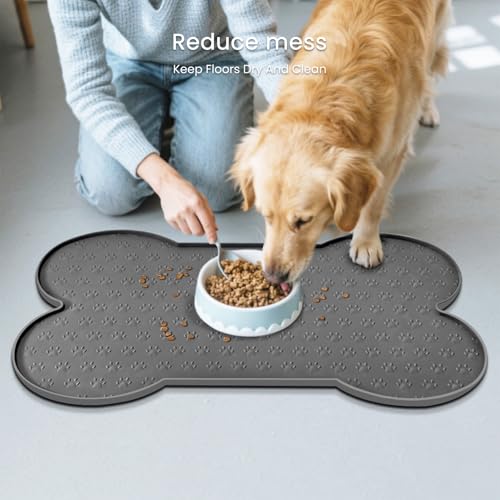 PWTAA Dog Food Mat Anti-Slip Silicone Dog Bowl Mat Thicker Pet Placemat Waterproof Cat Feeder Pad with Raised Edge Puppy Kitten Feeding Mats Suitable Small Medium-Sized Dogs Cats Eating Tray - color: Grey, size: 25.6" x 13"