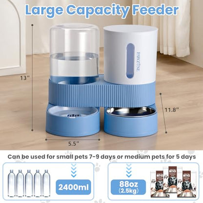 2 Pack Automatic Cat Feeder Stainless Steel Water Dispenser Gravity Food Feeder and Waterer Set with Pet Food Bowl for Small Medium Kitten Puppy Pets Large Capacity(Blue) - color: Blue