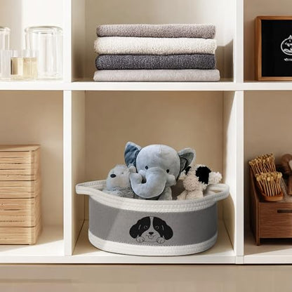 Small Dog Toy Basket, Cotton Rope and EVA Puppy Toy Bin with Cute Dog Print, Pet Toy Storage Box for Living Room Nursery, Decorative Woven Storage Pet Gift Basket Empty, 13”x9”x5”