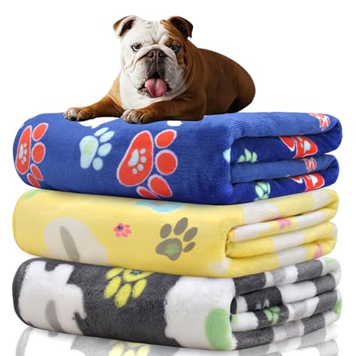 Rezutan Dog Blanket for Medium Dogs 1 Pack 3 Premium Soft Cat Puppy Blankets, 31x24 inch,Flannel Cute Elephant & Paw Print for Small Kitten,Grey/Blue/Yellow. - color: Grey/Blue/Yellow, size: Medium,30x20Inch