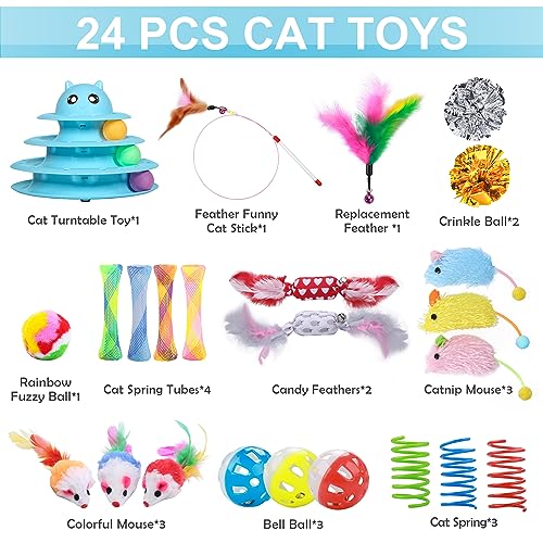 UPSKY 24 PCS Cat Toys, 3-Level Turntable Kitten Toys Set, Interactive Cat Roller Toys for Indoor Cats, Catnip Toys, Cat Teaser Toys, Mice Toys, Spring Toys, Various Ball Toys for Kitty - color: D-24PCS-Blue