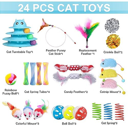 UPSKY 24 PCS Cat Toys, 3-Level Turntable Kitten Toys Set, Interactive Cat Roller Toys for Indoor Cats, Catnip Toys, Cat Teaser Toys, Mice Toys, Spring Toys, Various Ball Toys for Kitty - color: D-24PCS-Blue