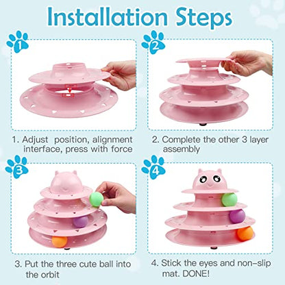 UPSKY 20 PCS Cat Toys - 3-Level Turntable Roller with Balls for Indoor Cats, Kitten Set with Teaser, Mice, Spring, and Various Ball Toys - color: B-20PCS-Pink