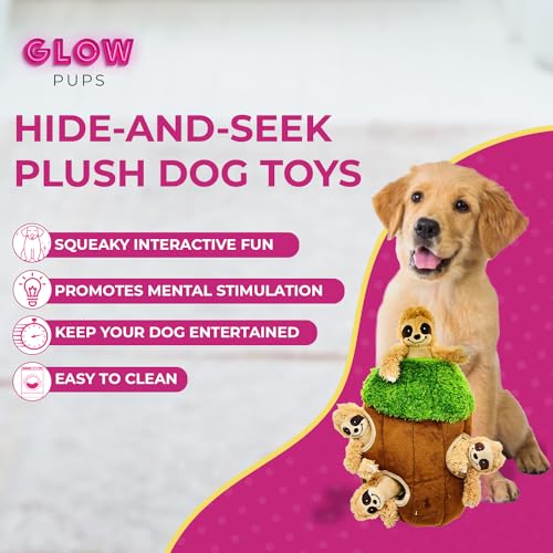 Glow Pups Hide and Seek Dog Toy, Sloth Dog Toy, Plush Squeaky Burrow Tree for Dogs, Interactive Puzzle for Mental Stimulation, Woodland Style, Medium Size, Set of 4 - size: Medium
