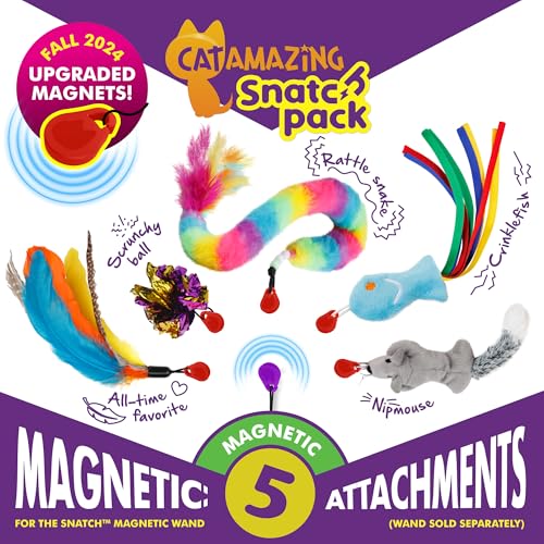 Cat Amazing Snatch Pack - 5 Magnetic Attachments for The Snatch Magnetic Wand Toy - Catnip Mouse, Rattle Snake, Crinkle Fish, Scrunchy Ball and Feather - Cat Teaser Toys - Really Catch! - style: Snatch Pack - 5 Attachments
