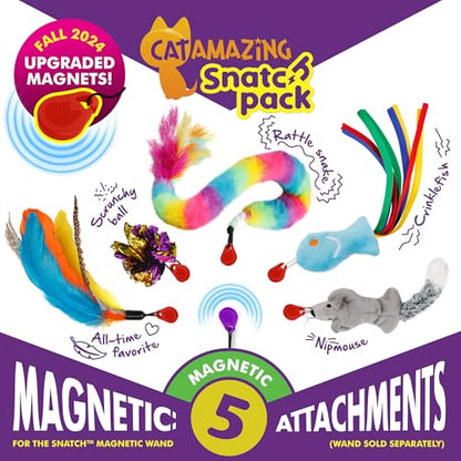 Cat Amazing Snatch Pack - 5 Magnetic Attachments for The Snatch Magnetic Wand Toy - Catnip Mouse, Rattle Snake, Crinkle Fish, Scrunchy Ball and Feather - Cat Teaser Toys - Really Catch! - style: Snatch Pack - 5 Attachments