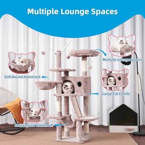 Hey-brother Cat Tree, 53 inch Cat Tower for Indoor Cats, Cat House with Padded Platform Bed, Toy Balls, Large Cozy Condo, Hammocks and Sisal Scratching Posts, Muchroom MPJ019-SMU - color: Muchroom