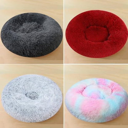 Large Calming Dog Bed, 47 Inch Anti-Anxiety Donut Dog Cuddler Cat Bed, Warming Cozy Soft Dogs Round Bed, Fluffy Faux Fur Machine Washable Pet Cushion for Medium Large Dogs & Cats (Blue White) - color: Blue White, size: 47.0"L x 47.0"W x 8.0"Th /Round 120c