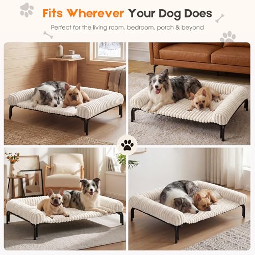 Elevated Dog Bed with Removable Fluffy Pillow Cushion, Raised Pet Cot Washable Bolster, Dog Couch Sofa, Anti Slip Feet, Breathable Mesh, Cream, 43"×32" - color: cream, size: L(43"×32"×8")