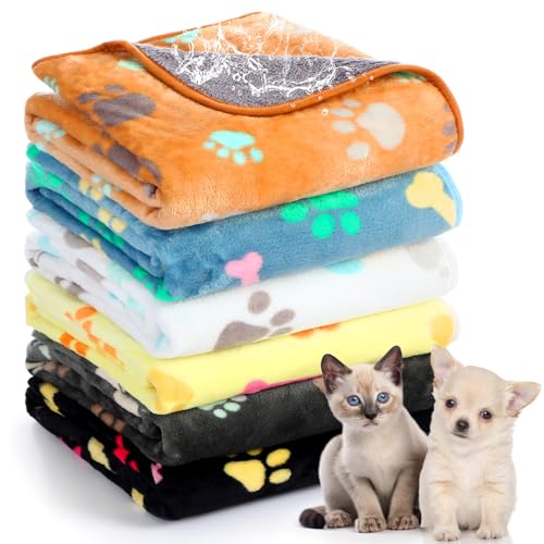 Tegeme 6 Pcs Waterproof Dog Blanket 24 x 16 Inch Paw Print Pet Blanket for Dogs Cats Puppy Washable Soft Fluffy Fleece Rug Flannel Throw Warm Sleep Mat for Kitten Doggy - size: 24 x 16 Inch