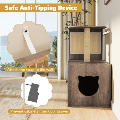 Tangkula Cat Tree with Litter Box Enclosure, Hidden Litter Box Cat Tower with Sisal Scratching Post & Mat, Dangling Ball, Vented Holes, Farmhouse Cat House Washroom (Oak Gray)