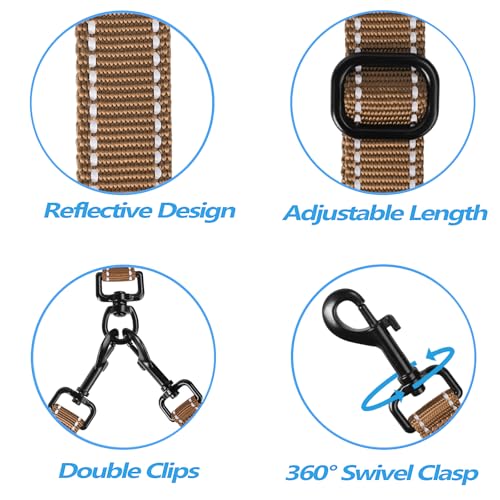 Double Dog Leash, No Tangle Dual Leash, Reflective Walking Training Lead, 4 Comfortable Padded Handles for 2 Dogs with Collapsible Bowl and Waste Bags (Brown, Large) - color: Brown