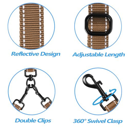 Double Dog Leash, No Tangle Dual Leash, Reflective Walking Training Lead, 4 Comfortable Padded Handles for 2 Dogs with Collapsible Bowl and Waste Bags (Brown, Large) - color: Brown