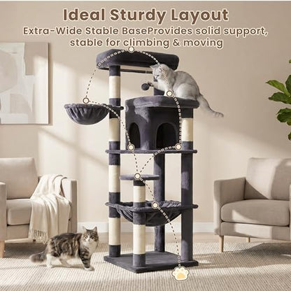 Heybly Cat Tree, 56-Inch Multi-Level Easy Climb Tower for Large Cats, Cat Furniture with 2 Perches, Cozy Hammock, Spacious Condo & Cat Basket, Durable Sisal Scratching Posts, Smoky Gray HCT028G - color: Smoky Gray