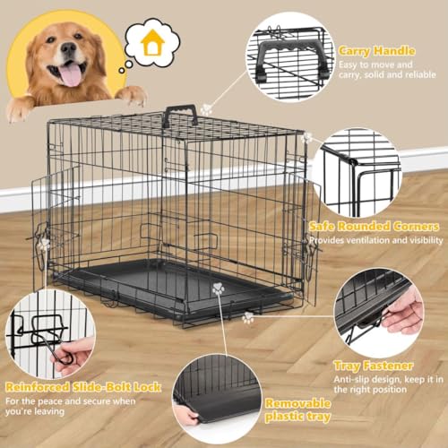 Dog Crate Kennel, 36 Inch Metal Pet Cage Double Door W/Divider Panel, Folding Travel Indoor Outdoor Dog Kennel Leak-Proof Plastic Tray Wire Animal Cage - size: 36.61"L x 22.64"W x 24.21"H