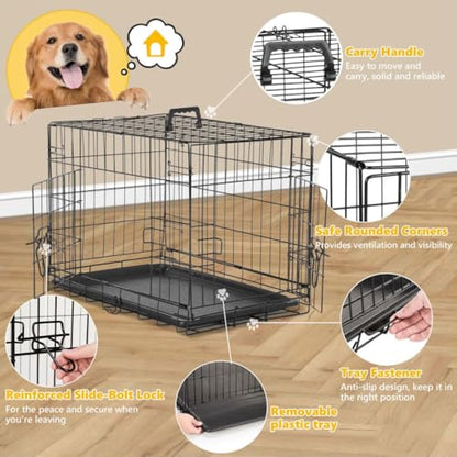 Dog Crate Kennel, 36 Inch Metal Pet Cage Double Door W/Divider Panel, Folding Travel Indoor Outdoor Dog Kennel Leak-Proof Plastic Tray Wire Animal Cage - size: 36.61"L x 22.64"W x 24.21"H