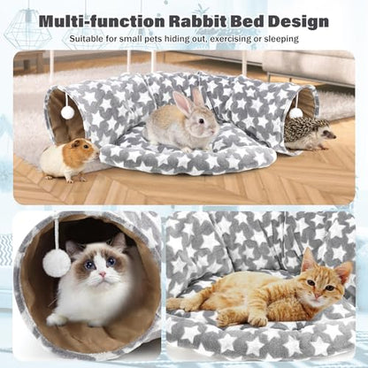 BWOGUE Bunny Tunnel Bed, 2-in-1 Collapsible Tunnel Tubes Toys with Removable Mat Hideout for Cats Kittens Rabbits Guinea Pigs Kitty (Greystar) - color: Greystar