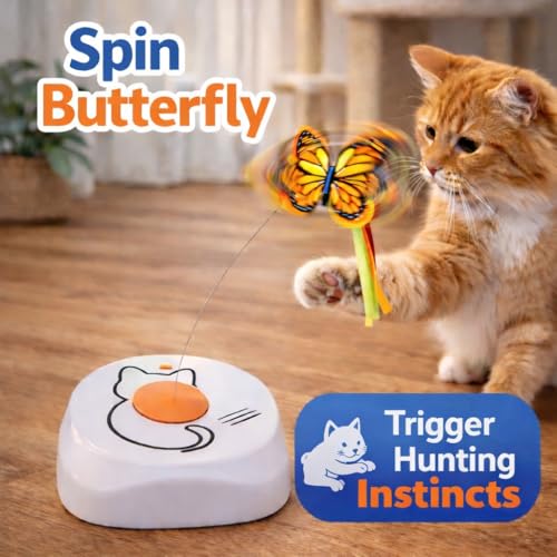 Interactive Cat Toy for Indoor Cats, Automatic Rotating Butterfly Feather Wand, Self Play Electric Cat Toy for Exercise & Mental Stimulation, Quiet Energy-Saving, AA Battery Operated
