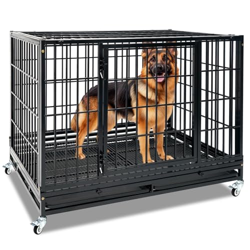 Heavy Duty Large Dog Crates for Large Dogs with Wheels, 47 Inch Metal Wire Stackable Dog Crate Cage with 2 Removable Trays, Multi Locks, Chew Proof Escape Proof Dog Kennel Indoor - size: 47.0"L x 29.0"W x 35.0"H