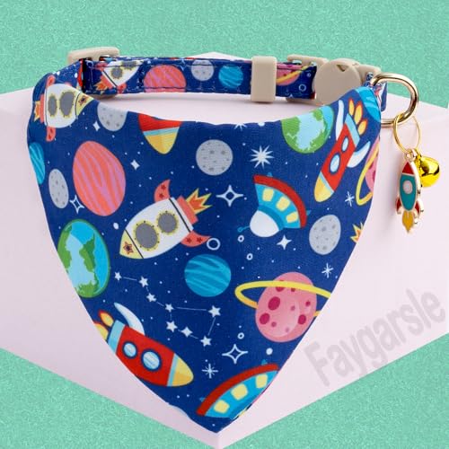Faygarsle 2 Pack Space Theme Cat Collar Set with Bandana and Bow Tie, Breakaway Safety Buckle, Navy Blue with Rockets - color: Blue Space