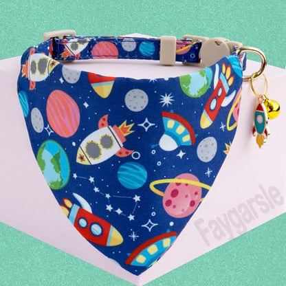 Faygarsle 2 Pack Space Theme Cat Collar Set with Bandana and Bow Tie, Breakaway Safety Buckle, Navy Blue with Rockets - color: Blue Space