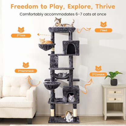 74" Cat Tree Tower with Scratching Posts, Condos, Perch, Hammocks & Toys, Cat Tree for Indoor Cats Large Adult, Ideal for Multi-Cat Households, Dark Gray - color: Dark Gray