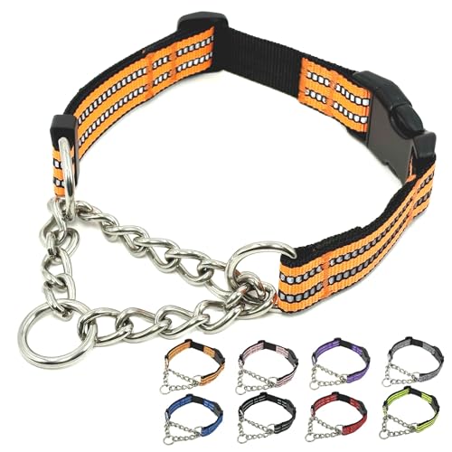 Martingale Dog Collars, Reflective Nylon Collar with Stainless Steel Chain, Adjustable Walking Training Dog Collars with Quick Release Buckle, Suitable for Small Medium Large Dogs(Orange,S) - color: Orange, size: Small-(dog's neck 10~13.5inches)