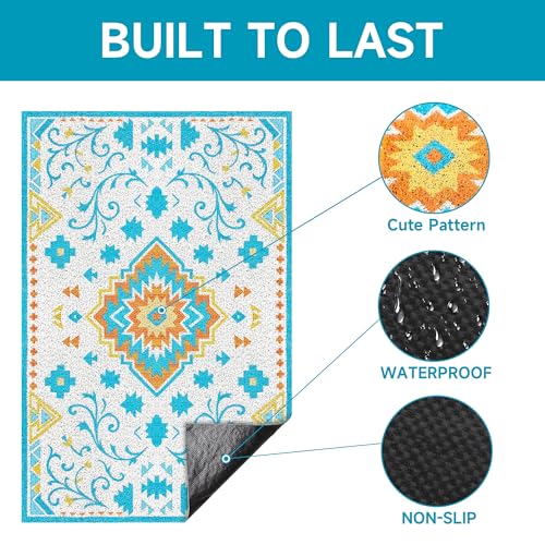 Cat Litter Mat, 24" x 16" Litter Box mat, Traps 100% Litter, Non-Slip Kitty Litter Trapping mats, Small Cute Litter mat, Easy Clean for Scatter Control, Bohe cat Food mat, Urine Waterproof - color: Blue Planet, size: Small（24"x16"）