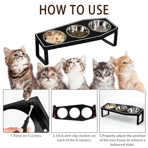 Gothic Cat Food Bowls Elevated, Raised Cat Bowls for Indoor, Non-Slip Stand & Wood Board, Stainless Steel and Whisker Friendly Food Bowls (Cat Bowl*3) - size: Cat Bowls x3