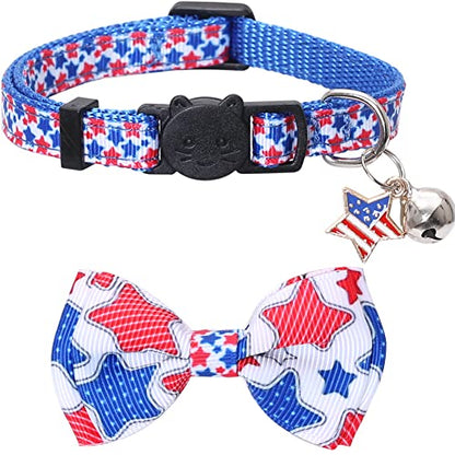 American Flag Cat Collar with Bell Bow Tie Star Breakaway Adjustable for 4th of July Independence Day - color: 2PCS-1