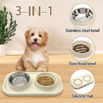 Slow Feeder Dog Cat Bowls, Stainless Steel with Silicone Mat Dog Food and Water Bowls Set, Pet Feeder to Slow Down Eating for Cats, Small Dog - color: Beige